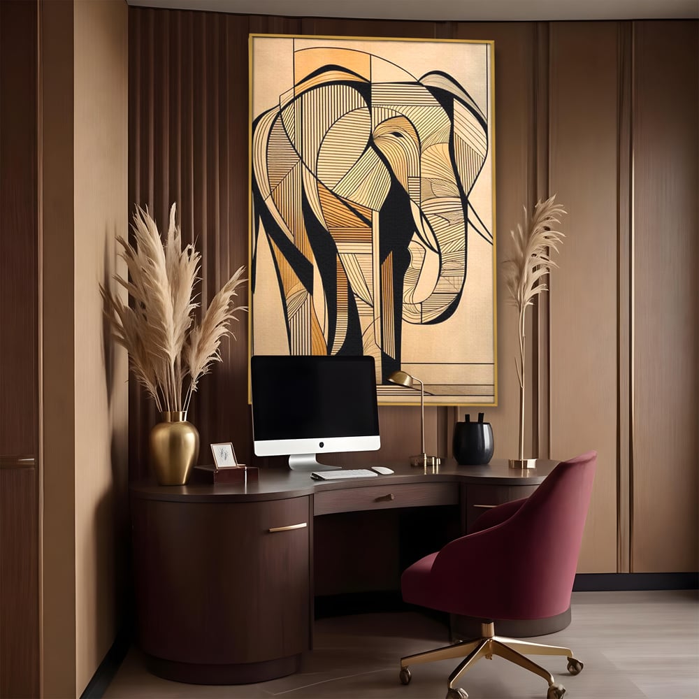 Tablou canvas cu tablou canvas cu elefant geometric, in rama de aluminiu auriu, pe perete intr-un birou